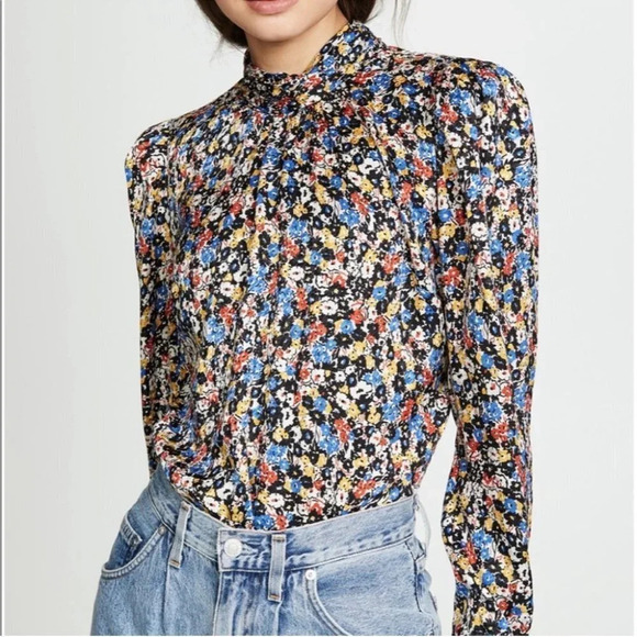 Veronica Beard Mena Gathered Floral Puff Sleeve Top Silk 0 Mock Neck - Picture 3 of 13